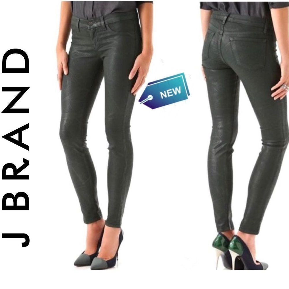 J Brand Super Skinny Black Green Coated Jeans Sz25